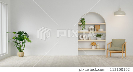Modern minimalist interior with an armchair and plant on empty white wall background.3D rendering 113100192