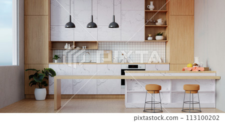 Modern Contemporary kitchen room interior .white marble and wood material 3d render 113100202