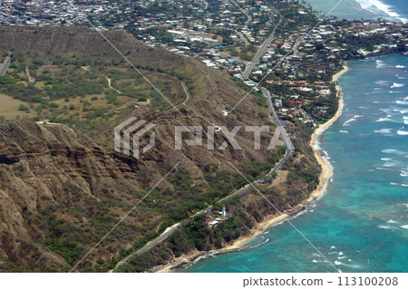 Aerial view of Diamond Head Crater, Lighthouse, Beach, Black Point and Kahala on Oahu Aerial view of Diamond Head Crater, Lighthouse, Beach, Black Point and Kahala on Oahu 113100208