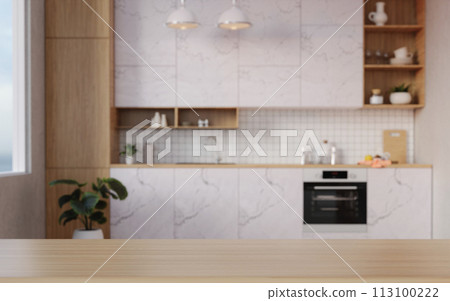 Stylish top tabletop on wooden platform with copy space at blurry kitchen utensils and dishes on light wall background. 3D render illustration 113100222
