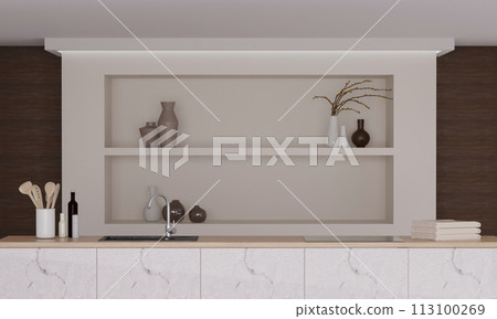 Modern elegant kitchen. wooden walls, marble tabletop, modern bar. interior kitchen room. 3D rendering 113100269