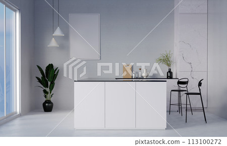 Blank vertical poster frame mock up in Elegant contemporary kitchen room on light wall background. 3D render illustration Blank vertical poster frame mock up in Elegant contemporary kitchen room on light wall background. 3D render illustration 113100272