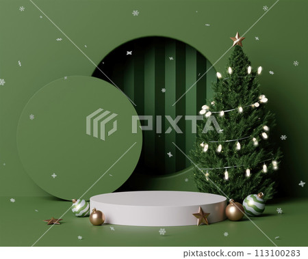 3d Christmas tree podium. Realistic 3d design stage podium. Decorative festive elements glass bauble balls. Xmas holiday template podium. 113100283