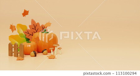 Autumn Display Background with Autumn leaves and product display. 3d render illustration. 113100294