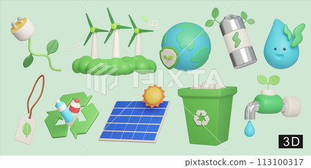 Eco Global Warming icon set Illustration Eco global warming icons. 3D Illustration Eco Global Warming icon set Illustration Eco global warming icons. 3D Illustration 113100317