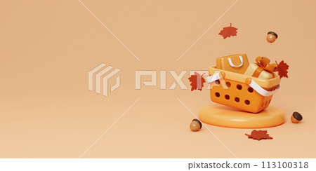 Autumn sale decoration background with basket shopping cart, gift box, bag, leaves, copy space text, 3D rendering 113100318