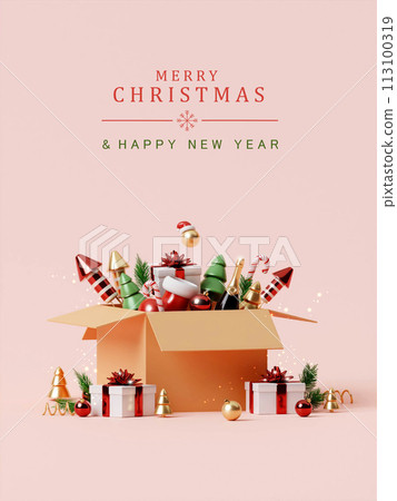 3d Christmas Abstract wallpaper. Realistic . Decorative festive elements glass bauble balls. Xmas holiday template podium. 113100319