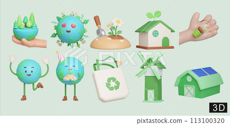 Eco Global Warming icon set Illustration Eco global warming icons. 3D Illustration 113100320