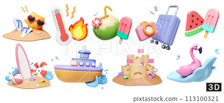 3d render illustration. a large collection of icons on the theme of summer for outdoor trip vacation isolated in white background design. 113100321