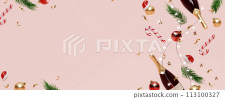 3d Christmas Abstract wallpaper. Realistic . Decorative festive elements glass bauble balls. Xmas holiday template podium. 113100327
