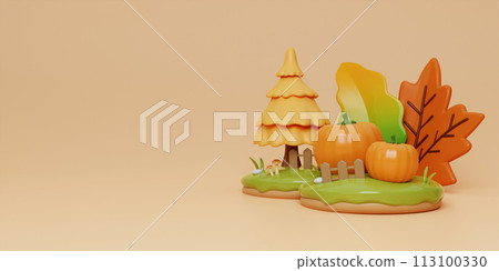 Autumn Display Background with pine tree, Autumn leaves and empty minimal podium pedestal product display. 3d render illustration. Autumn Display Background with pine tree, Autumn leaves and empty minimal podium pedestal product display. 3d render illustration. 113100330