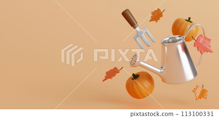 3d Autumn with watering can, leaves, pumpkins, and Shoveling fork background. 3d Fall leaves for the design of Fall banners, posters, advertisements, cards, sales. 3d render illustration. 3d Autumn with watering can, leaves, pumpkins, and Shoveling fork background. 3d Fall leaves for the design of Fall banners, posters, advertisements, cards, sales. 3d render illustration. 113100331