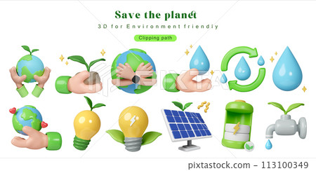 Eco Global Warming icon set Illustration Eco global warming icons for Environment friendly or recycling concept illustration for Sticker, poster, web, mobile, social media post. 3D Illustration 113100349