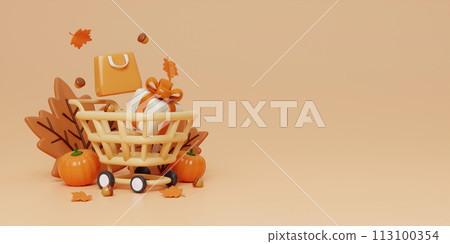 Autumn sale decoration background with basket shopping cart, gift box, bag, leaves, copy space text, 3D rendering 113100354