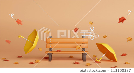 3d Autumn with fallen leaves, bench and umbrella. concept of autumn, winter and outdoors. copy space text, 3D rendering 3d Autumn with fallen leaves, bench and umbrella. concept of autumn, winter and outdoors. copy space text, 3D rendering 113100387