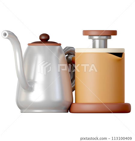 A kettle and french press Cartoon Style Isolated on a White Background. 3d illustration 113100409