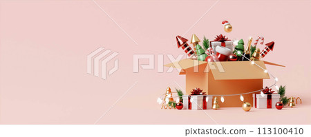 3d Christmas Abstract wallpaper. Realistic . Decorative festive elements glass bauble balls. Xmas holiday template podium. 113100410