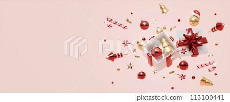 Christmas banner. Background Xmas design of sparkling lights garland, with realistic glitter gold confetti. square New Year poster, greeting card, header, website. 3d render 113100441