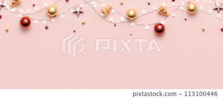 Christmas banner. Background Xmas design of with realistic glitter gold confetti. Horizontal New Year poster, greeting card, header, website. 3d render New Year poster, header, website. 113100446