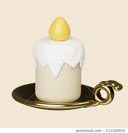 3d burning white candle icon. Traditional element of decor for Halloween. icon isolated on gray background. 3d rendering illustration. Clipping path. 113100454