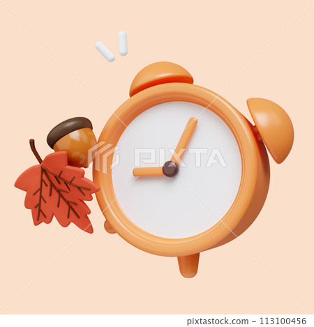 3d Autumn clock . Golden fall. Season decoration. icon isolated on gray background. 3d rendering illustration. Clipping path. 3d Autumn clock . Golden fall. Season decoration. icon isolated on gray background. 3d rendering illustration. Clipping path. 113100456