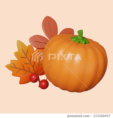 3d Autumn pumpkin leaf. Golden fall. Season decoration. icon isolated on gray background. 3d rendering illustration. Clipping path. 3d Autumn pumpkin leaf. Golden fall. Season decoration. icon isolated on gray background. 3d rendering illustration. Clipping path. 113100457