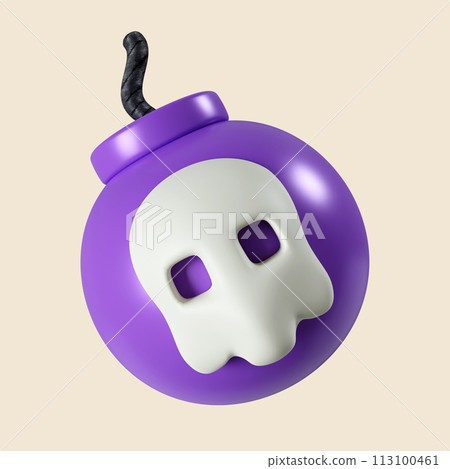3d Halloween Bomb icon. Traditional element of decor for Halloween. icon isolated on gray background. 3d rendering illustration. Clipping path. 3d Halloween Bomb icon. Traditional element of decor for Halloween. icon isolated on gray background. 3d rendering illustration. Clipping path. 113100461