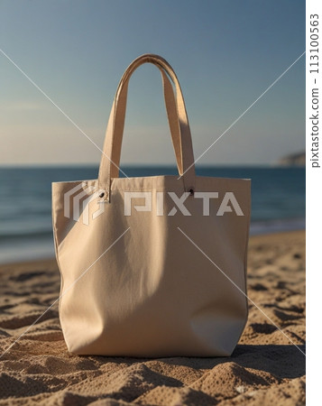 手提包放置在沙灘上用於文本 113100563