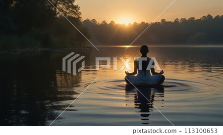 Woman meditating in the orange sunset Woman meditating in the orange sunset 113100653