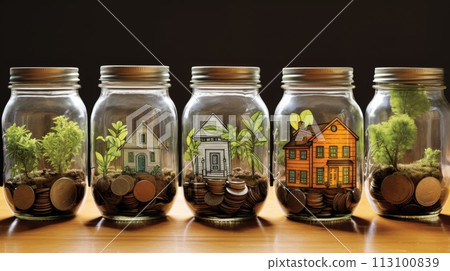Financial Growth Jars on Wooden Table Ai generation 113100839