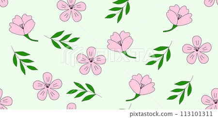 Seamless pattern with pink sakura or cherry blossom flowers and branches, on green, vector 113101311