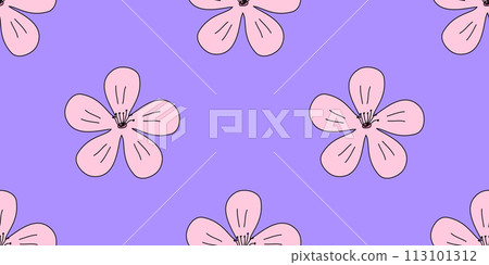 Seamless pattern with big pink sakura or cherry blossom flowers head on violet, doodle style vector 113101312
