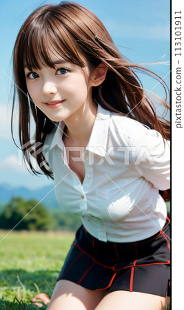 Young woman standing with a smile on the green earth 113101911