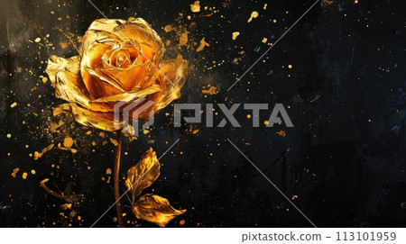 A golden rose flower with paint splatter on black, perfect for wall art, Ai Generated 113101959
