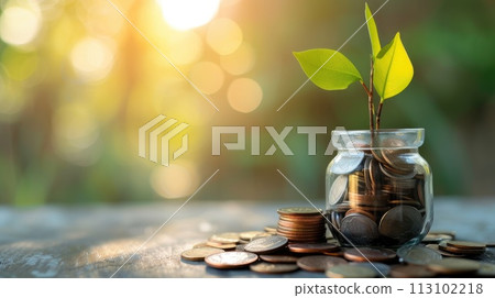 Small plant in a vase on a stack of coins, symbolizing growth, Ai Generated Small plant in a vase on a stack of coins, symbolizing growth, Ai Generated 113102218