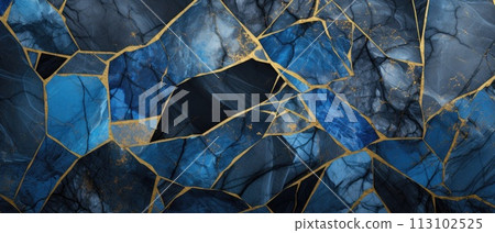 An abstract mosaic of black, blue, and gold granite marbled stone, Ai Generated. 113102525