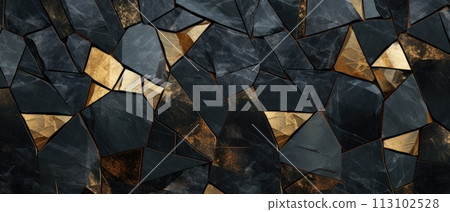 Abstract arrangement of black and gold geometric marble stone tiles, Ai Generated. 113102528