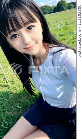 微笑著坐在綠色地球上的年輕女子 113102806