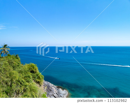 Amazing tropical seashore landscape background,Top view waves crashing on rocks 113102982