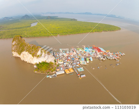Aerial view of Panyee island in Phang Nga Thailand,High angle view Floating village, Koh Panyee fishing village island in Phang Nga, Thailand 113103019