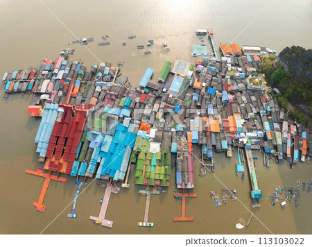 Aerial view of Panyee island in Phang Nga Thailand,High angle view Floating village, Koh Panyee fishing village island in Phang Nga, Thailand 113103022