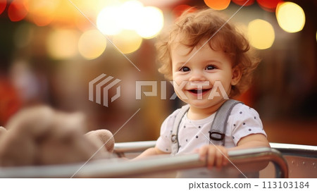 Baby toddler smiling and looking at camera with blurred amusement on background. Newborn baby portrait. Baby toddler smiling and looking at camera with blurred amusement on background. Newborn baby portrait. 113103184