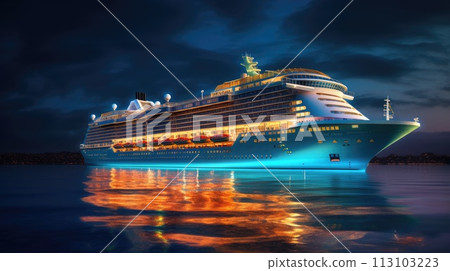 Huge Cruise ship on the water in ocean with a glowing blue light at night. Ship illuminated in blue neon glow. 113103223