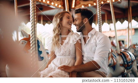 Romantic couple having a delightful time on a vibrant carousel at the amusement park on a sunny day 113103269