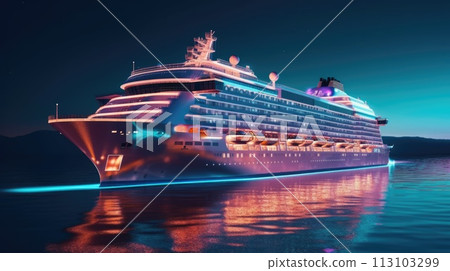 Huge Cruise ship on the water in ocean with a glowing blue light at night. Ship illuminated in blue neon glow. 113103299