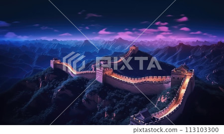 The great wall of China under a purple sky lit up in pink and purple neon lights at night 113103300