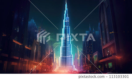 Cityscape of Dubai with Burj Khalifa with neon lights at night, United Arab Emirates, travel background Cityscape of Dubai with Burj Khalifa with neon lights at night, United Arab Emirates, travel background 113103301