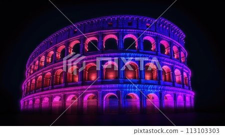 Glowing blue and purple Coliseum at night isolated on black background Glowing blue and purple Coliseum at night isolated on black background 113103303