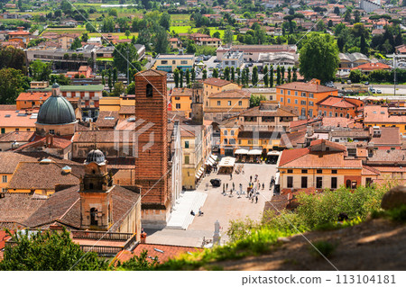 Cityscape of medieval Italian town Pietrasanta, main square, roofs of small houses, aerial view Cityscape of medieval Italian town Pietrasanta, main square, roofs of small houses, aerial view 113104181
