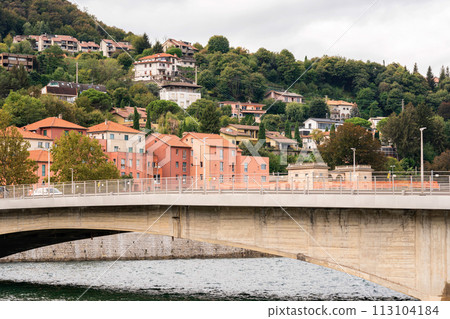 Mountain landscape, picturesque mountain lake in the summer morning, large panorama. Como, Italy 113104184